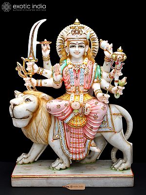 21" Ashtabhujadhari Goddess Durga with Lion | White Marble Sculpture