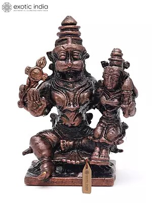 2" Small Lord Narasimha Seated with Goddess Lakshmi | Copper Statue