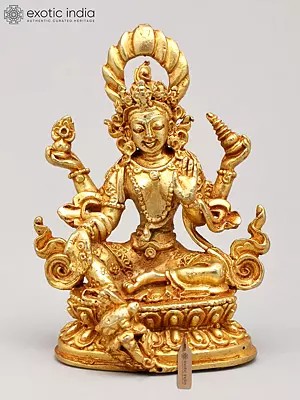 2" Small Tibetan Buddhist Goddess Green Tara | Copper Statue Gilded with 24 Karat Gold