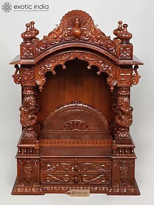 43" Large Handcrafted Wood Temple for Home with Intricate Carving and Storage Drawer | Handmade