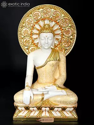 35" Large Bhumisparsha Buddha Idol with Gold Details | White Marble Sculpture | Made in India