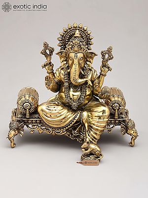8" Four Armed Lord Ganesha Seated on Royal Throne with Mushaka | Brass Statue | Made in India