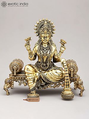 8" Four Armed Goddess Dhanalakshmi Seated on Singhasan | Brass Sculpture