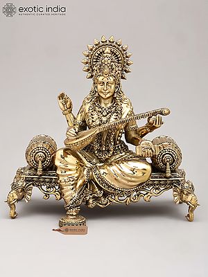 8" Goddess Saraswati Playing Veena on Beautiful Throne | Brass Sculpture