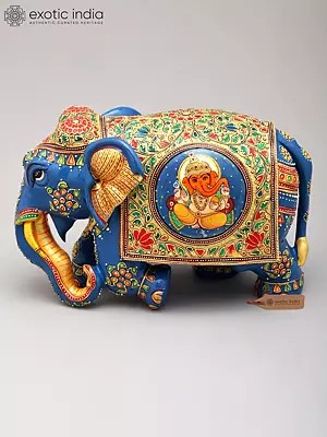 10" Hand-Painted Blue Elephant Sculpture with Lord Ganesha Artwork | Home Decor Wood Figurine