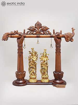 32" Divine Radha and Krishna Brass Idol under Wood Carved Arch | Brass and Wood Sculpture