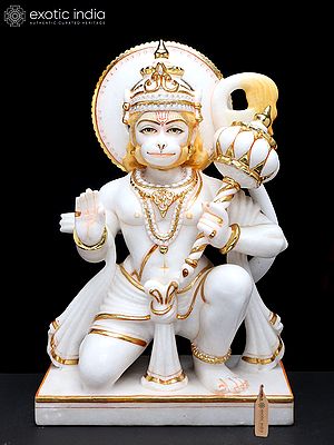 18" Blessing Bajarangabali Hanuman | White Marble Statue