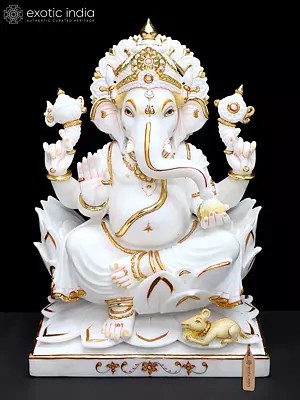 16" Handcrafted White Marble Blessing Ganesha Statue Seated on Lotus | Hand-Painted Hindu God Idol for Home Temple