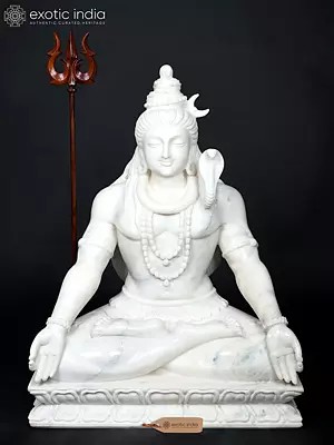 36" Large Hand-Carved Meditating Mahadev (Lord Shiva) | White Marble Hindu God Idol
