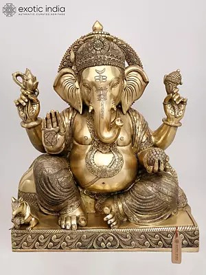 33" Large Fine Four Armed Blessing Lord Ganesha | Brass Statue