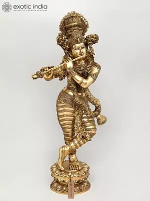 45" Large Superfine Lord Krishna Playing Flute | Brass Statue
