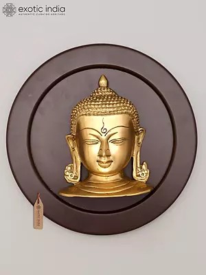 10" Brass Lord Buddha Wood Framed Sculpture | Wall Hanging