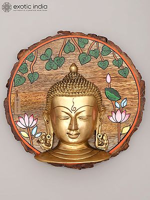 9" Gautam Buddha Face Wall Hanging | Wood Framed Brass Sculpture