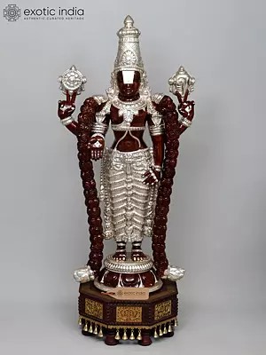 52" Large Superfine Tirupati Balaji (Lord Venkateswara) Statue on Designer Pedestal | Premium Handcrafted Wood Carved Idol with Silver Cladding