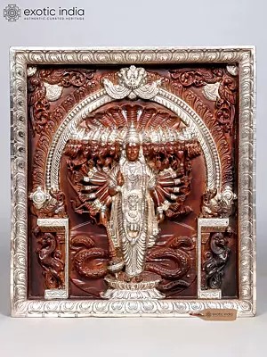 27" Vishvarupa of Lord Vishnu | Wood Carved Wall Hanging Panel with Silver Cladding