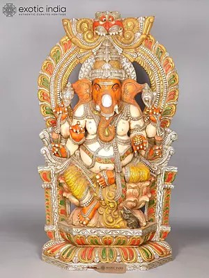 75" Super Large Six Armed Lord Ganesha Seated on Kirtimukha Throne | Wood Carved Statue
