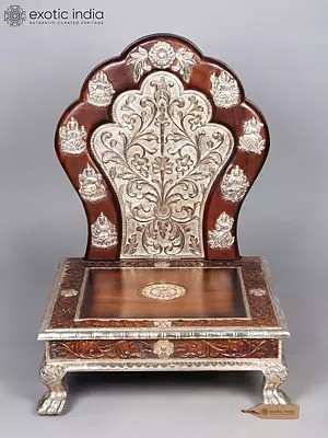Grand Wooden Idol Seat with Silver Inlay - Royal Singhasan for Deities with Ashtalakshmi Forms