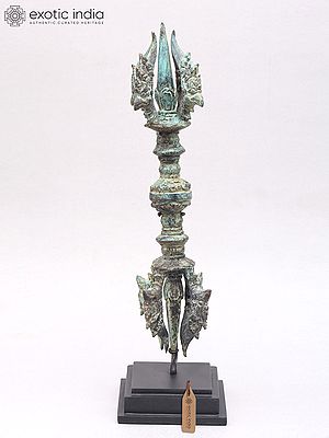19" Brass Tibetan Buddhist Vajra Dorje on Wood Stand