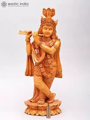 Lord Krishna Flute Player Sculpture | 16" Wood Art