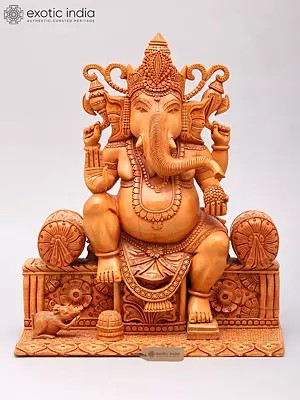 Lord Ganesha Seated Statue - Four Armed Blessing Wood Carving