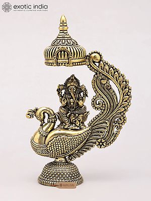 5" Small Superfine Lord Ganesha Seated on Peacock | Brass Statue