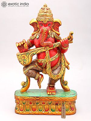 18" Lord Ganesha Dancing and Playing Veena | Wood Carved Statue
