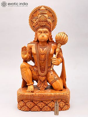 18" Seated Lord Hanuman in Blessing Gesture | Wood Carved Statue