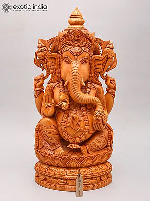 Lord Ganesha Wood Sculpture: Four-Armed Blessing Pose