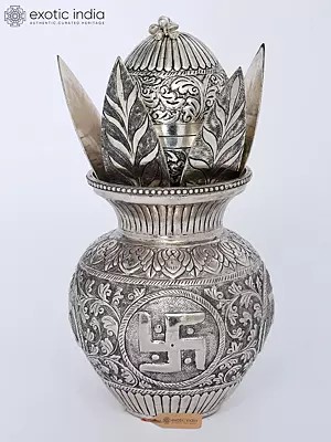10 Inch White Metal Puja Kalash with Swastika