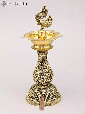 Decorative Brass Oil Lamp with Five Wicks and Peacock Design