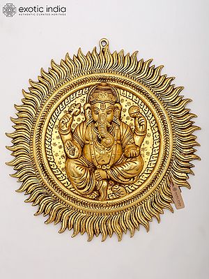 15" Brass Ganesha Wall Hanging with Sunburst Design