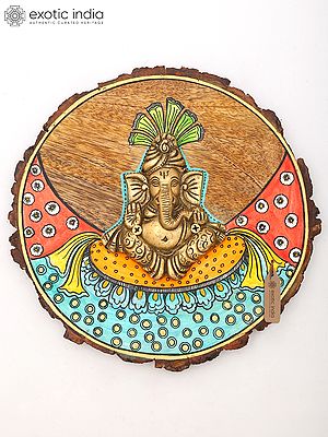 9" Wall Hanging Ganesha: Hand-Painted Wood Framed Brass Sculpture