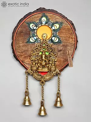 Ganesha Brass Wall Art with Bells and Peacock Motif on Wood Base