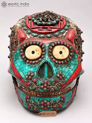 13" Tibetan Buddhist Kapala Skull with Ashtamangala Carvings