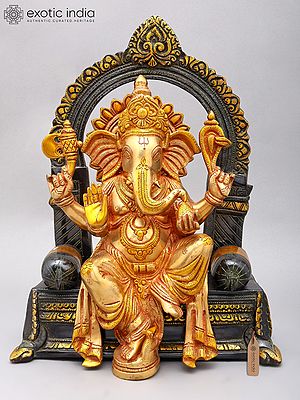 Lord Ganesha Brass Statue: 16" Blessing Seated on Throne