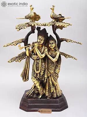 Brass Statue: 18" Fluting Radha Krishna Under Kadamba Tree