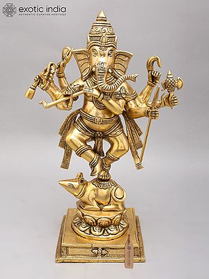 18" Eight Armed Lord Ganesha Dancing on Mushak | Brass Statue
