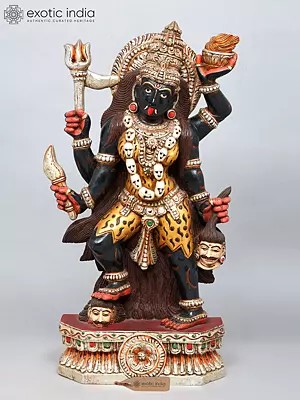 36" Large Hand-Painted Goddess Kali Statue | Wood Carving