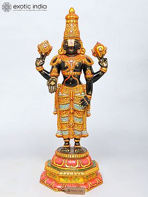 32" Large Beautifully Carved and Hand-Painted Tirupati Balaji (Venkateshvara) | Wood Carved Statue