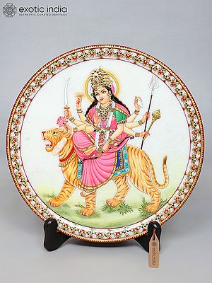 15" Goddess Durga (Sherawali Maa) Marble Plate with Wooden Stand