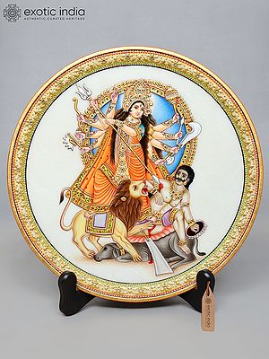 15" Mahishasuramardini (Goddess Durga) Marble Plate with Wooden Stand