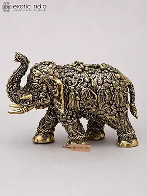 5" Small Superfine Sacred Elephant with Radha Krishna Carvings | Brass Statue