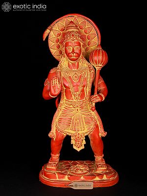 22" Sindoori Colored Standing Lord Hanuman in Blessing Gesture | Brass Statue