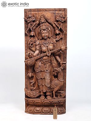 36" Wood Carved Standing Goddess Saraswati Playing Veena | Standing and Wall Hanging Both