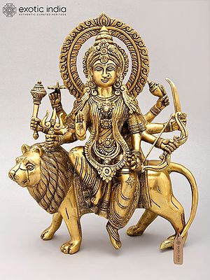 Brass Statue of Goddess Durga (Sherawali Maa) - 14 Inch