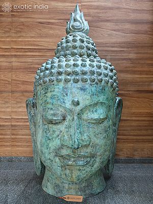 8 Feet Giant Buddha Head with Sacred Flame Ushnisha | Brass Sculpture