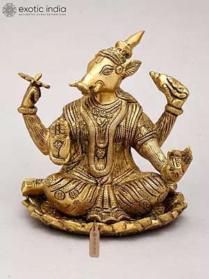 6" Small Blessing Lord Varaha In Brass | Handmade | Made In India