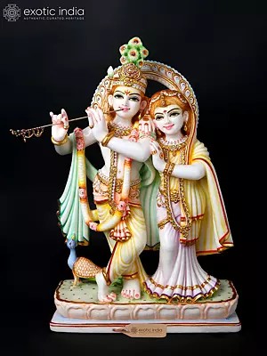 Inseparable Radha Krishna with Peacock on Lotus Base