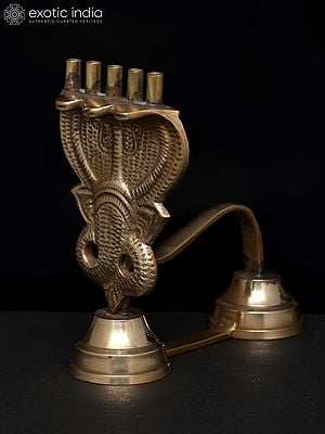 5" Brass Three - Hooded Serpent Shodash Upachara Lamp