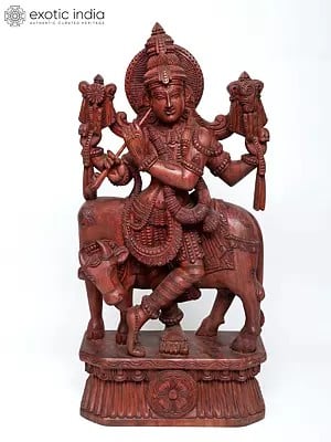 36" Large Venugopal Lord Krishna with Cow | Wood Carving